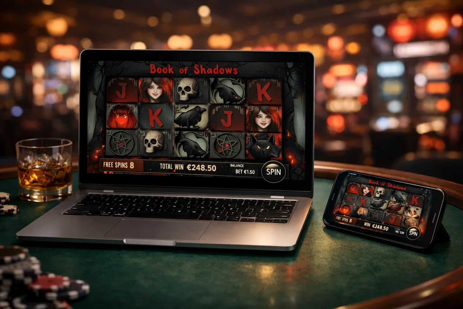 Gothic character and book of shadows slot symbols